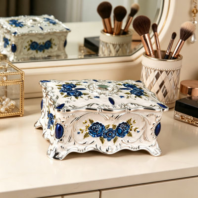Boîte à bijoux rétro, boîte à bijoux avec boucle d'oreille en anneau, boîte à souvenirs décorative antique avec intérieur en velours bleu pour femme, cadeau de décoration de commode