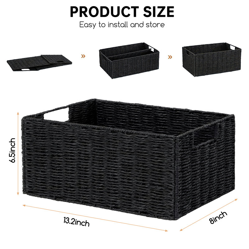 Ensemble de 4 paniers de rangement écologiques en corde de papier tissé - Organisateurs rectangulaires pliables noirs avec poignées - Rangement ouvert peu encombrant pour la maison, les tablettes, la salle de bain et le salon