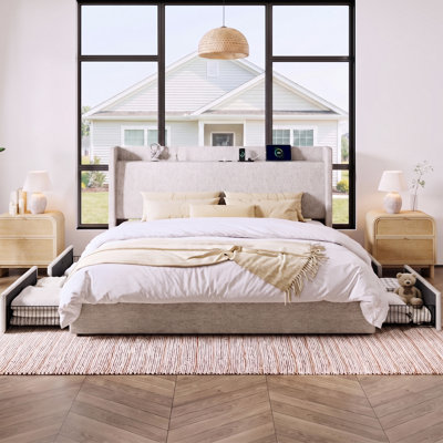 Modern Linen Upholstered Storage Bed Frame with 4 Drawers, Wingback Platform Bed with Charging Station and Storage Headboard, No Box Spring Needed