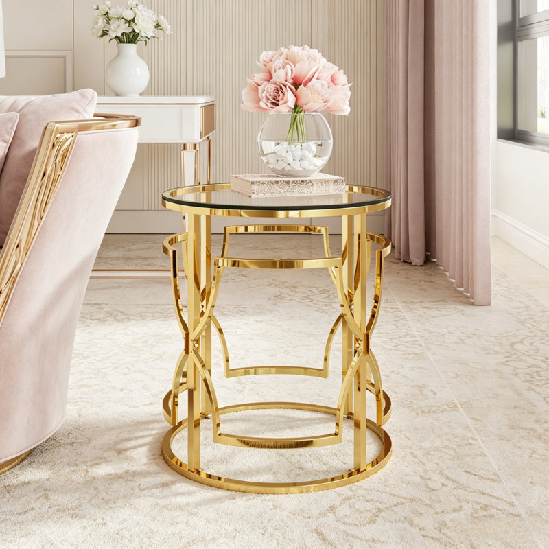 Table d'appoint ronde dorée de luxe 19,7 pouces avec tablettes de rangement, Transparent / Doré
