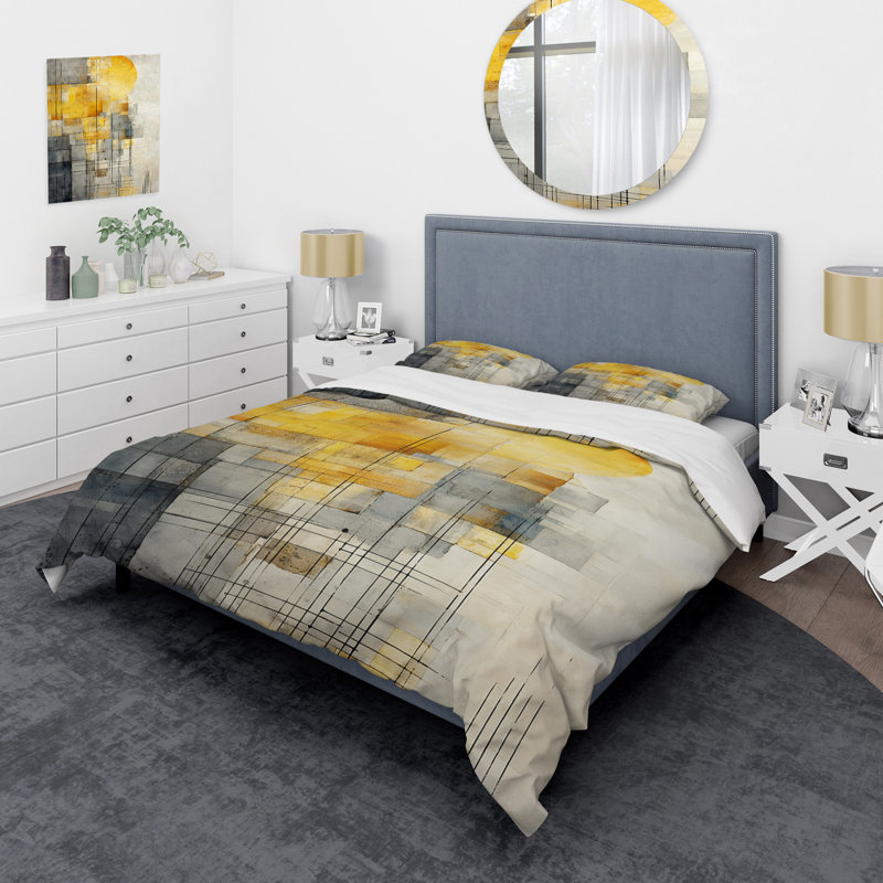 Ensemble de housse de couette jaune à panneaux solaires jaunes - Collages abstraits, Housse de couette pour lit simple