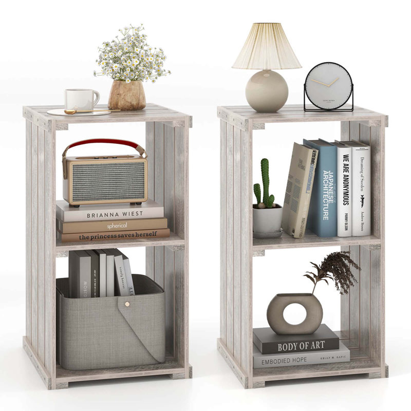  2 Pcs 2-cube Storage Shelf Slatted Paulownia Wood Cubic Organizer With Open Back , Brown