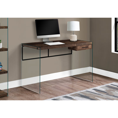 Modern Laptop Work Desk For Home Office, 48"l, Brown Laminate, Clear Tempered Glass, With Storage Feature 48"l Contemporary Computer Home, Possible