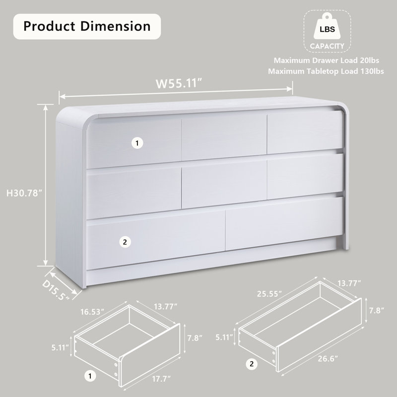 Maud Modern 8 Drawers Dresser for Bedroom, 55" Wide Dressers & Chest of Drawers w/Curved Profile Design, White