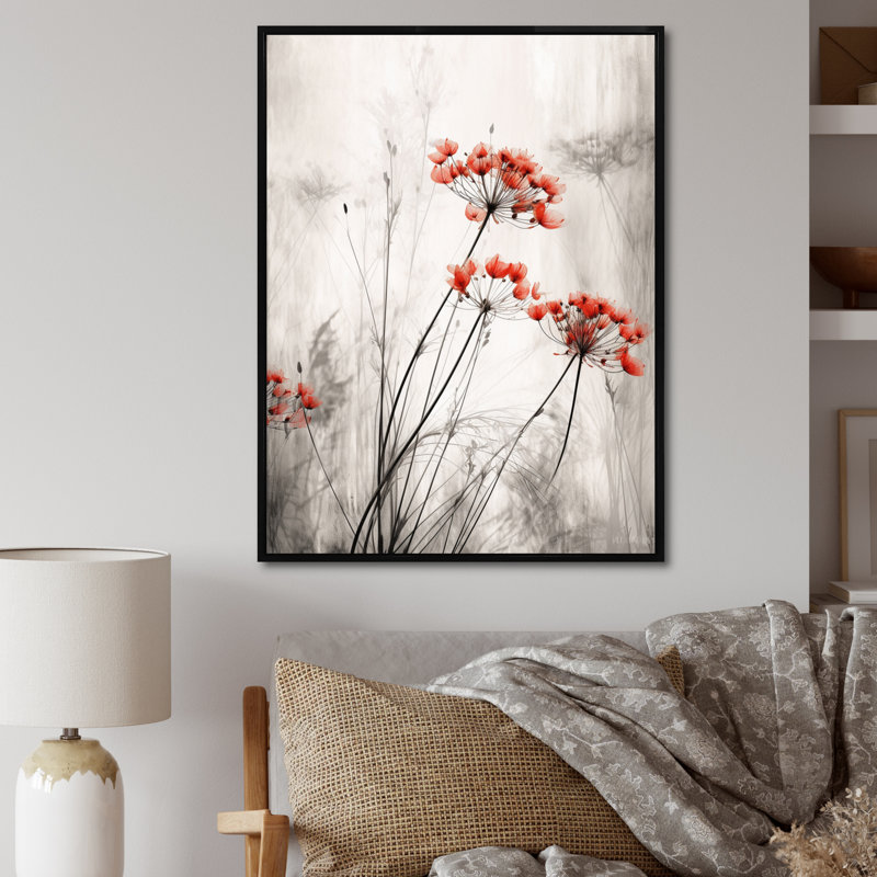 «Red Grey Herb Garden III», impressions sur toile florales, 44" H x 34" W, Cadre flottant noir