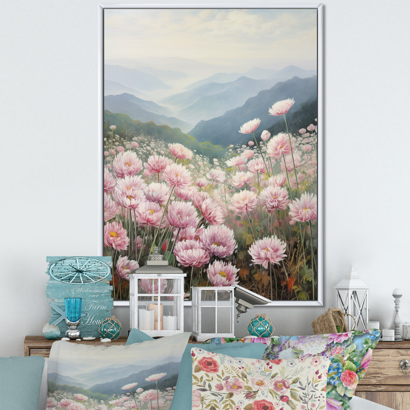 "Pink Chrysanthemums On Hill", reproduction d'art sur toile, Encadrement doré, H 40 po x l 30 po