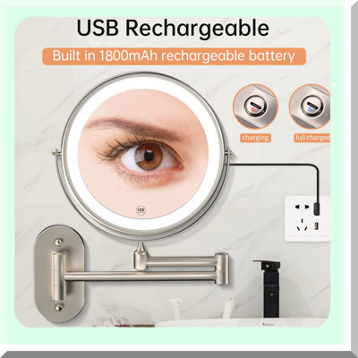 GlowPro 360° Rechargeable Wall Mounted Vanity Mirror - Double Sided 1X/10X Magnifying, 3 Color Touch Screen Dimming, Extended Arm for Shaving & Makeup