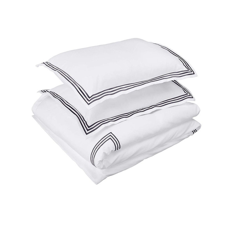 400TC Cotton Triple Embroidery Sateen Solid Duvet Cover Set, Oversized King Duvet Cover, White/Navy Blue