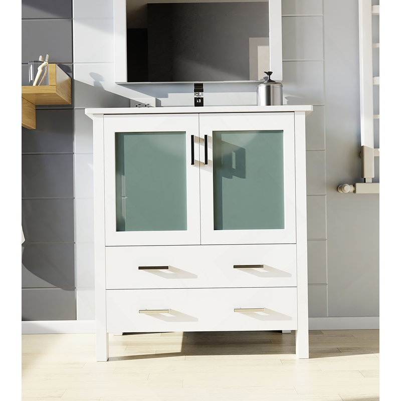 Meuble-lavabo de salle de bain D, dessus en céramique, ensemble de robinet, et po Miroir, Blanc, 30.05"