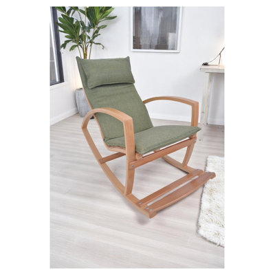Fauteuil à bascule moderne rembourré avec structure en bois massif et dossier haut, vert