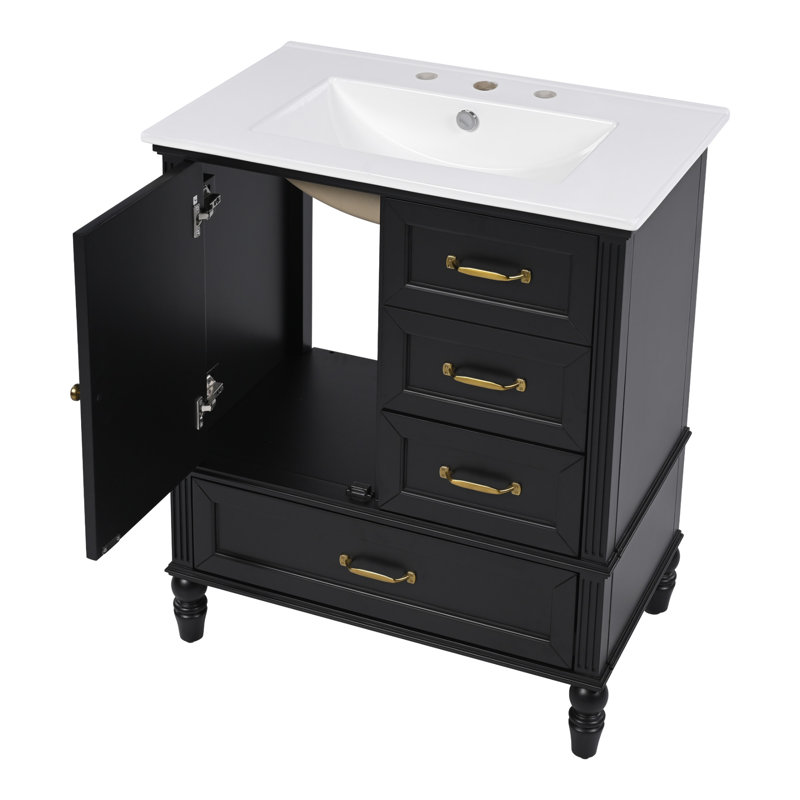 Meuble-lavabo de 30 po avec lavabo, armoire de salle de bain avec porte, trois tiroirs, pieds en bois massif et panneau de fibres à densité moyenne, patins réglables, noir