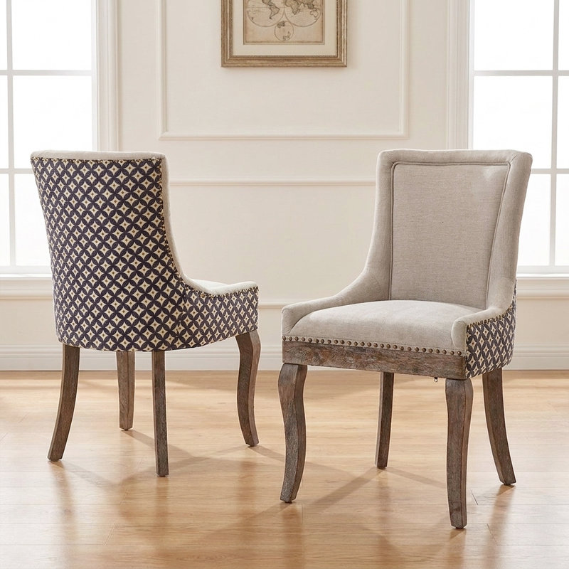 Chic Mid-Century Dining Chair Set(Set Of 2) - High Back Support, Solid Wood Frame, Bronze Accents, Gray/Blue Geometric