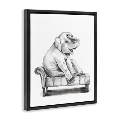 «Happy Elephant on Chaise», art mural encadré sur toile flottante, design par Rachel Nieman