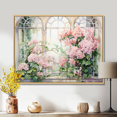 «Pink Blossoming Country Window Gaze III», art mural grande fenêtre