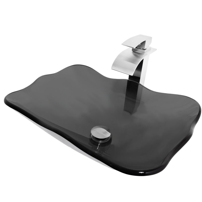 Novatto 15'' Glass Bathroom Sink with Faucet, Black, Brushed Nickel