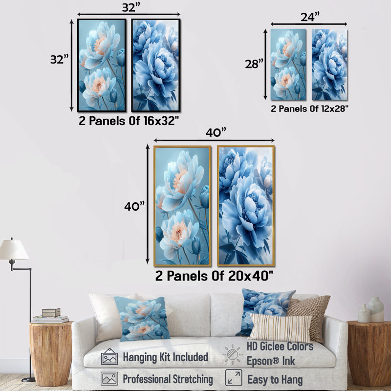 Fleurs de pivoines bleues I - Collection de 2 panneaux de toiles florales, H 32 po x l 33 po, Encadrement argenté