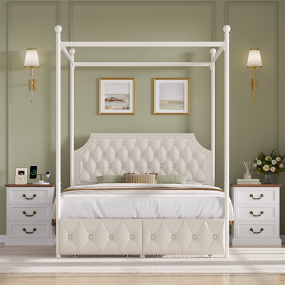 Ensemble de chambre à coucher 3 pièces, lit à baldaquin en métal avec tiroirs de rangement