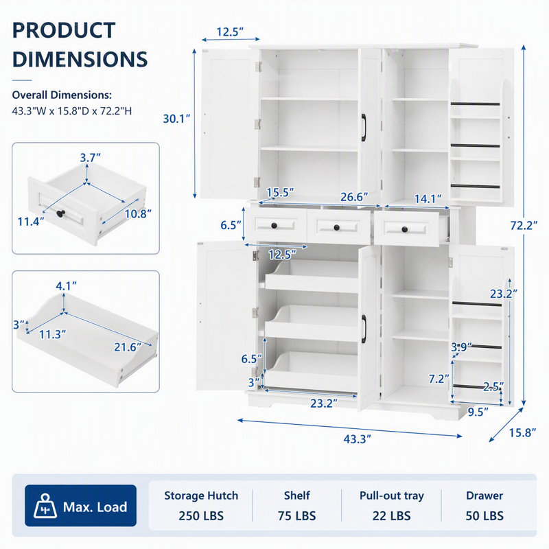 Grand garde-manger de style campagnard de 72 pouces avec 3 plateaux coulissants et 6 supports de porte pour un rangement et une organisation efficaces