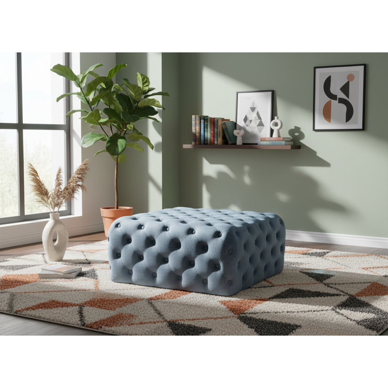 Ariel 33" Wide Velvet Tufted Square Standard Ottoman, Sky Blue Velvet
