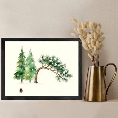 Aquarelle encadrée noire, pin de Noël rétro, aquarelle murale