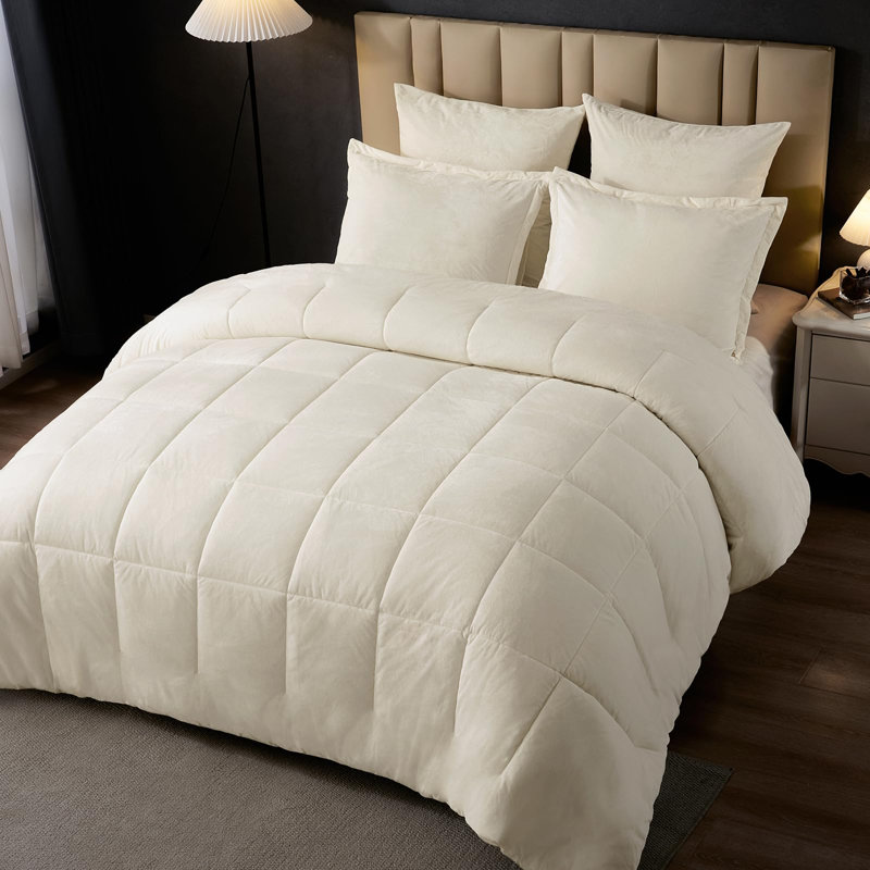 PHF Double-Sided Velvet Comforter Set, 5 Piece Soft Luxury Winter Warm Bedding Sets, Modern Bed in A Bag, Cream
