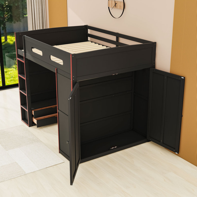 Lit mezzanine double en bois avec bureau, bande lumineuse, port USB et 2 tiroirs, Rouge