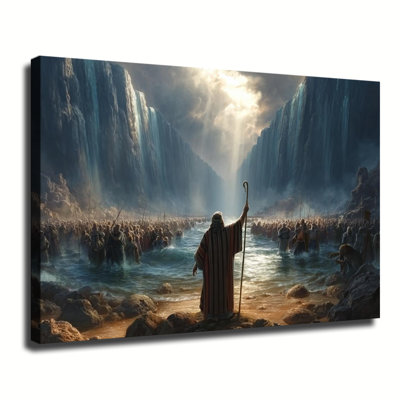 Moses Parting The Red Sea Biblical Religious Scene Art, Gallery Wrapped Canvas Wall Art Print For Living Room Bedroom