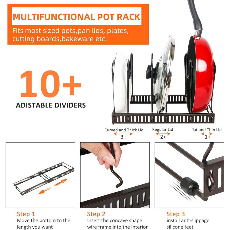 Expandable Pot Organizer with 10 Adjustable Compartments for Kitchen Cabinet Cookware, Bronze