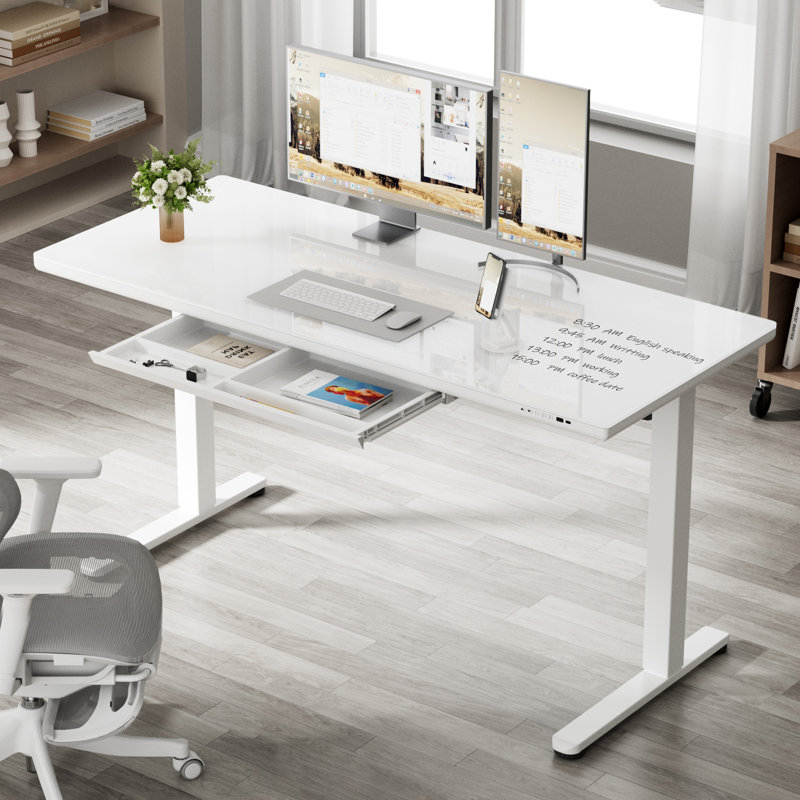 Bureau debout à hauteur ajustable en verre de 55 po avec tiroir et charge USB, écran à DEL et support pour téléphone portable, blanc