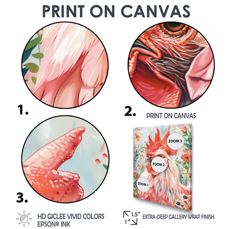 «Red Green Rooster Gardens I», reproduction d'art mural coq, H 24 po x l 32 po, Encadrement argenté