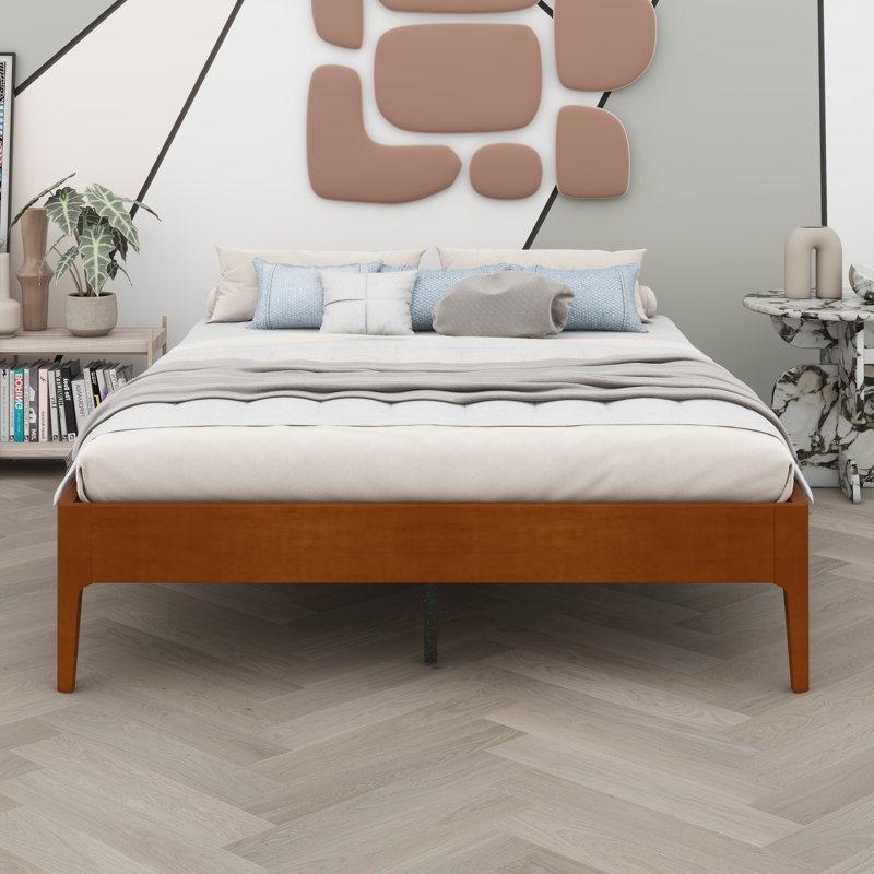 Contemporary Low-Profile Bed Base Featuring Durable Slat Foundation and Tool-Free Setup, Brown