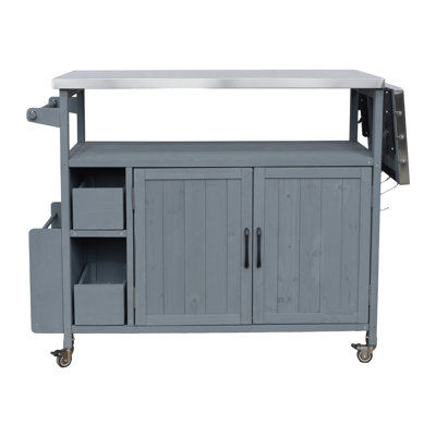 54.33" Farmhouse Rolling Outdoor Kitchen Cart, Solid Wood Frame with Stainless Steel Top, Spice Rack, Towel Rack, Lockable Wheels & Multi-Functional Storage for Patio, Backyard BBQ & Kitchen
