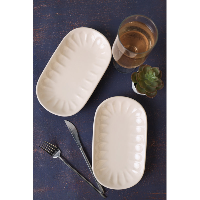 Ensemble de 2 plats élégants en céramique, couleur crème, 5,1 x 8,7 pouces | 100% grès, antibactérien et écologique | Va au lave-vaisselle jusqu'à 122 ° F, va au micro-ondes | Parfait pour servir et recevoir, facile à nettoyer