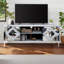 Meuble télé en miroir pour téléviseur de 65 pouces et plus, console de télévision argentée avec rangement ouvert et 2 armoires de rangement, portes de miroir scintillantes en forme de diamant pour le salon