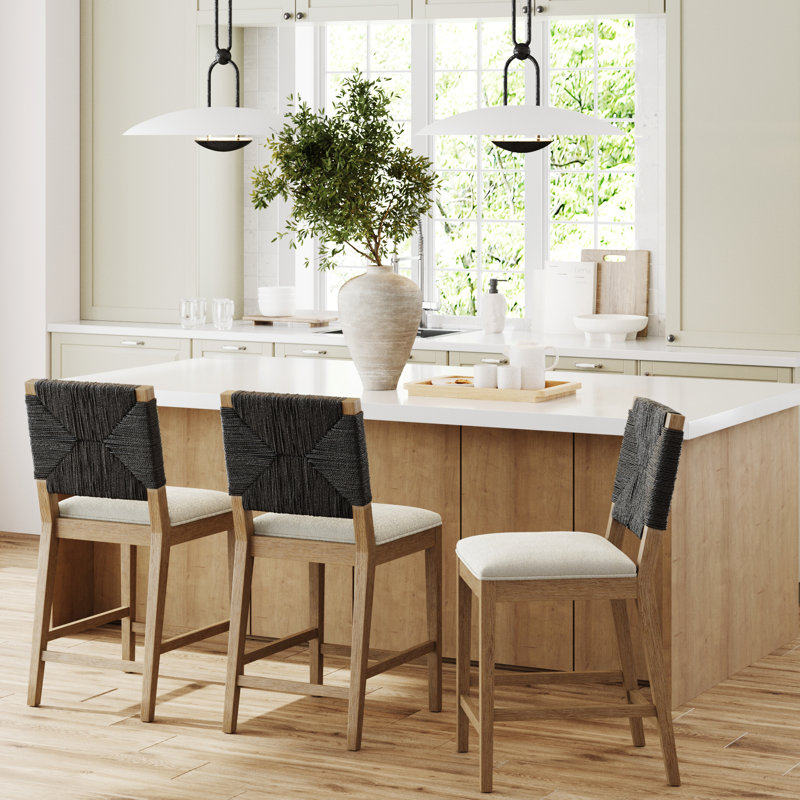 Tabouret de bar rembourré Seagrass avec structure en bois massif, paquet de 3, Noir / Acajou gris, 3