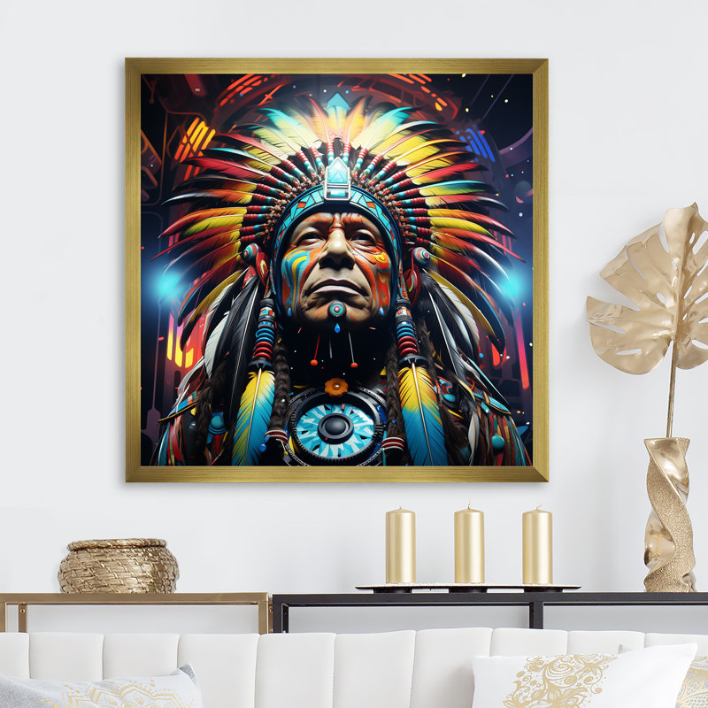 «Blue Native American Heritage myth» - art mural américain, Cadre doré simple, H 16 po x l 16 po x P 1 po