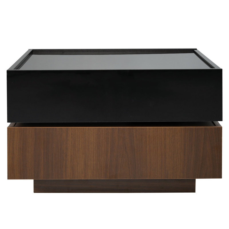 Multi-functional Square 360°Rotating Coffee Table with 2 Drawers, High Gloss 2-Tier Centre Table with Swivel Tabletop and Storage, Walnut Table Frame Side Table for Living Room, Black