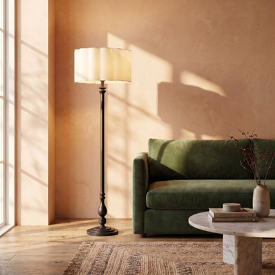 Scalloped Linen Floor Lamp with Rubberwood