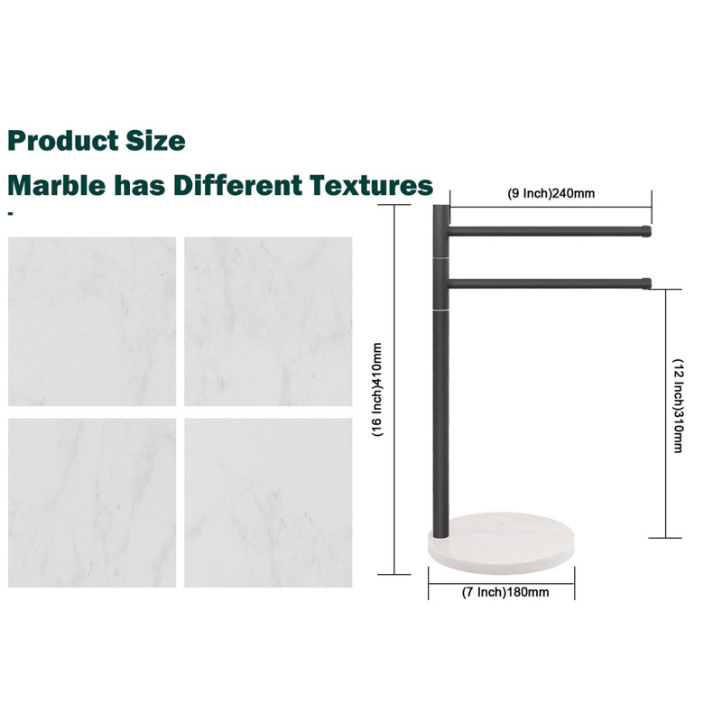 Matte Black Stainless Steel Freestanding Towel Rack with Marble Base