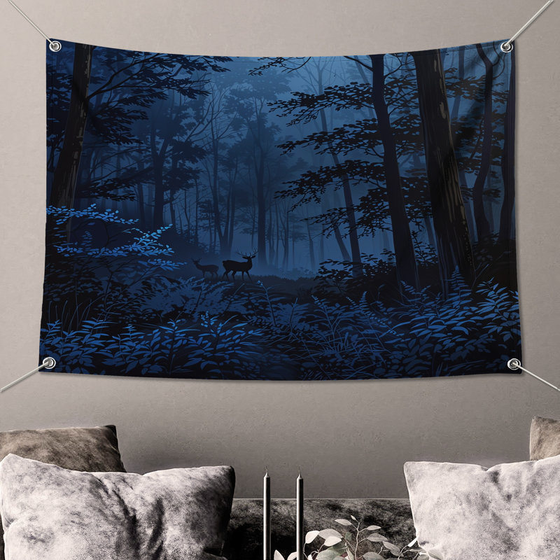 Tapisserie murale «Deer In Dense Forest» - Décoration murale cerf, H 68 po x l 80 po avec 4 œillets