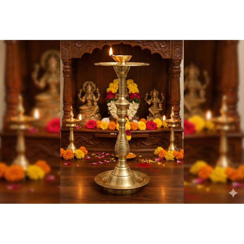 16" Brass Diya Stand – Handmade Multi-Tier Oil Lamp for Puja, Temple, and Spiritual Home Décor