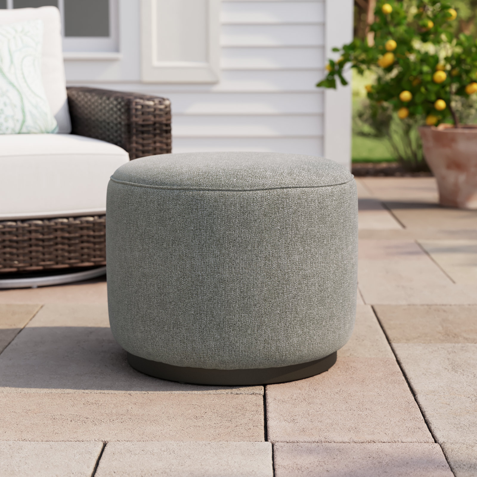 Devin Round Outdoor Ottoman with Cushion, Gray