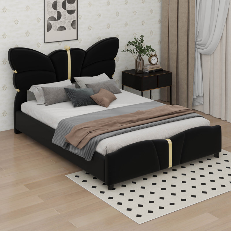 Lit plateforme avec tête et pied de lit en forme de papillon, cadre de lit tapissier moderne avec décorations en métal, Noir