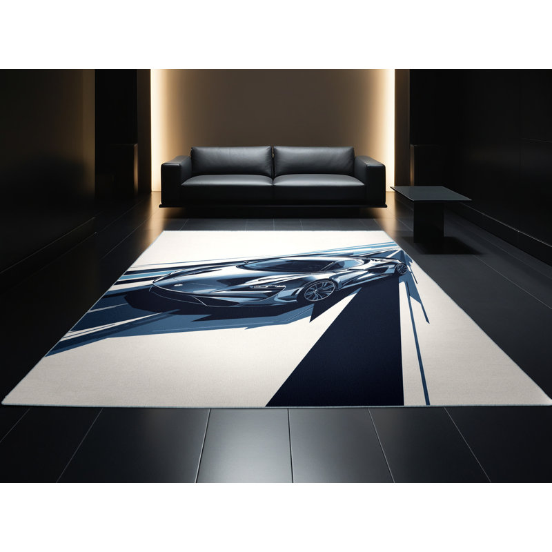 Machine Washable Daleville Electric Sports Car Sleek & Chic Modern Rug in Gray – SkyBlue Binding, 5x7