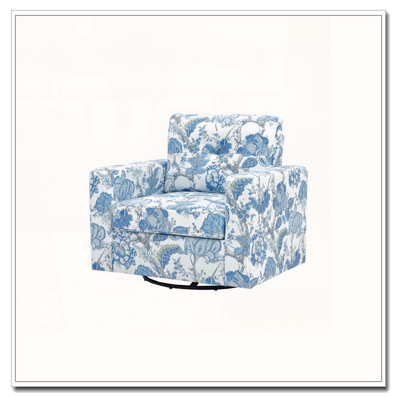 Fauteuil pivotant à 360 degrés à motif floral avec dossier capitonné, Tissu bleu