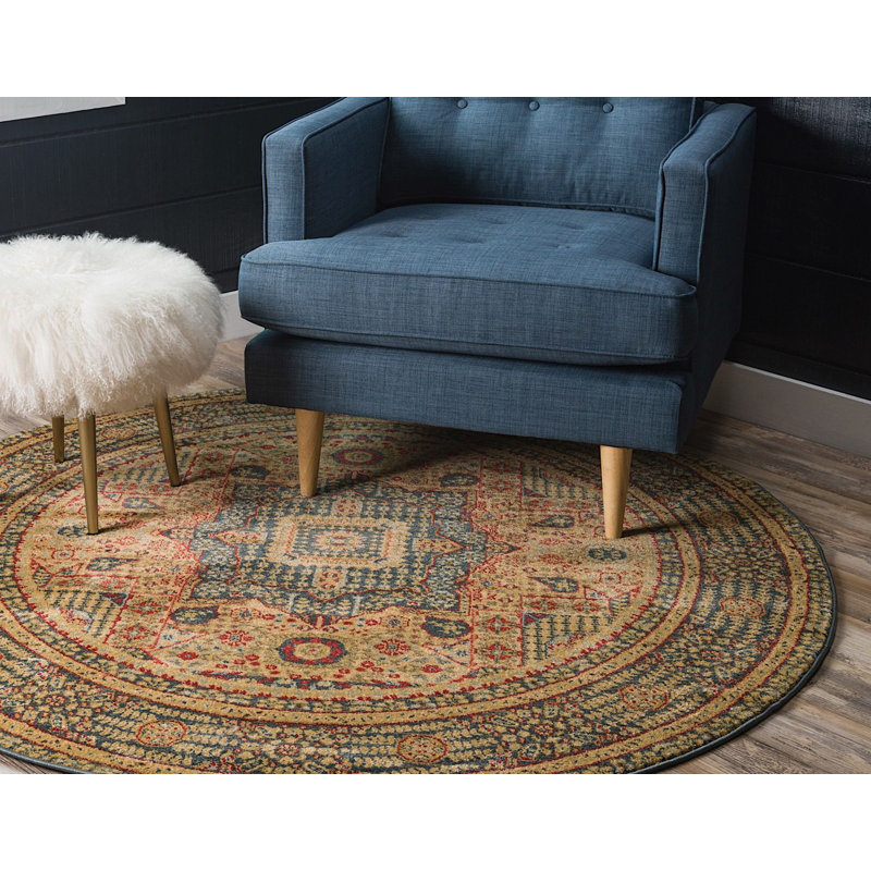 Tapis oriental jaune / bleu Palazzo, Rond 8 pi