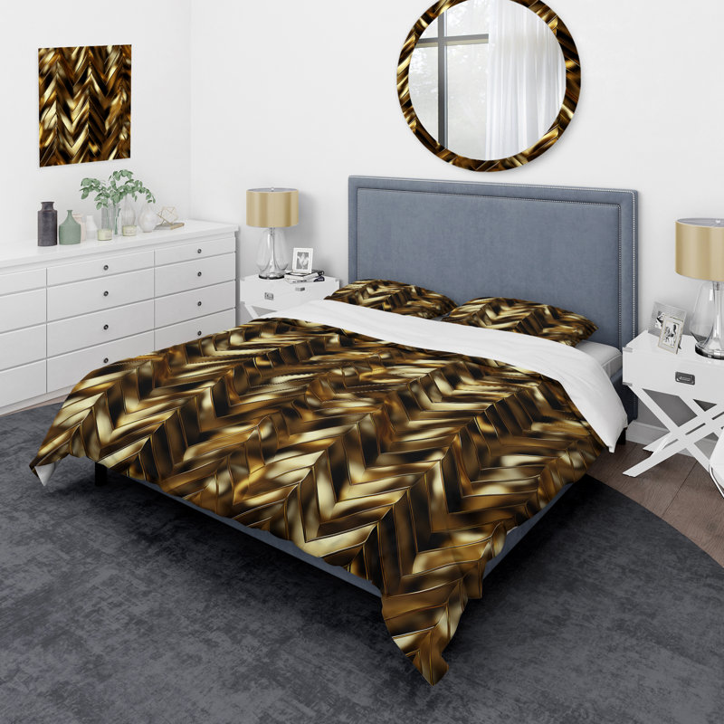 Motif à chevrons doré doré et noir de luxe I - ensemble de housse de couette à chevrons - polyester en microfibre