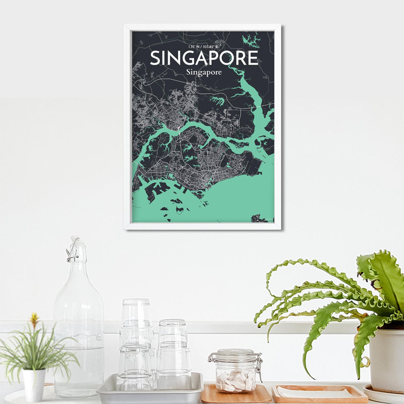 Carte de la ville de Singapour, impression, H 24 po x l 18 po, Vert/gris