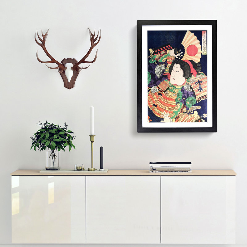 Holding the Fan by Toyohara Kunichika - Framed Print, 36cm H x 27cm W x 2cm D, Black Framed
