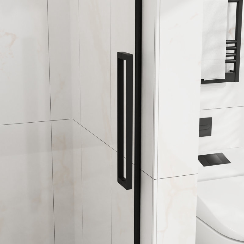 Porte de douche coulissante à largeur réglable de 44 à 48 po, verre trempé transparent de 6 mm, technologie anti-éclaboussures, conception moderne pour porte de salle de bain en verre avec roulettes en acier inoxydable de 1/4 po (6 mm), finition noir mat